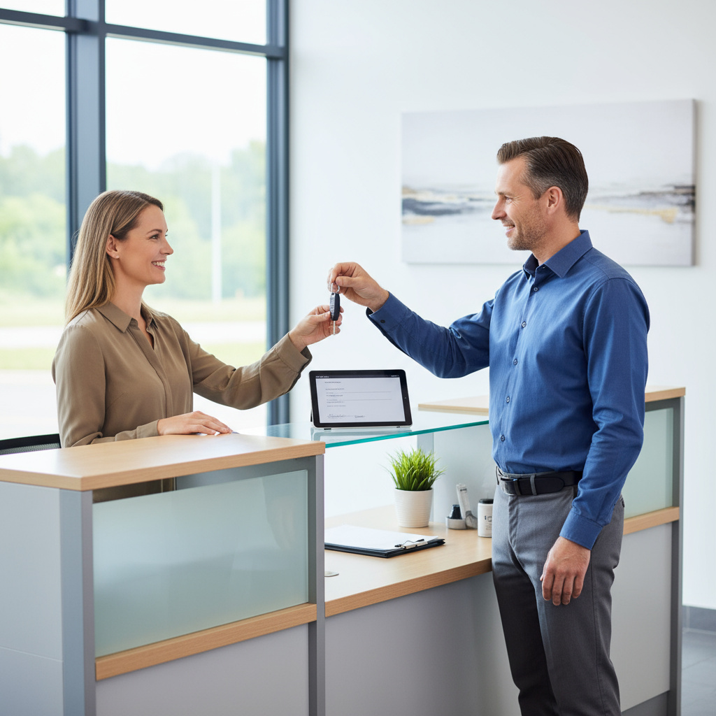 Customer receiving keys from service advisor
