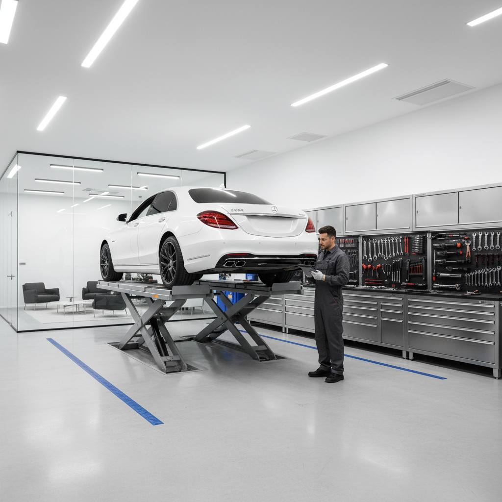 Technician inspecting a car in a clean, well-lit workshop