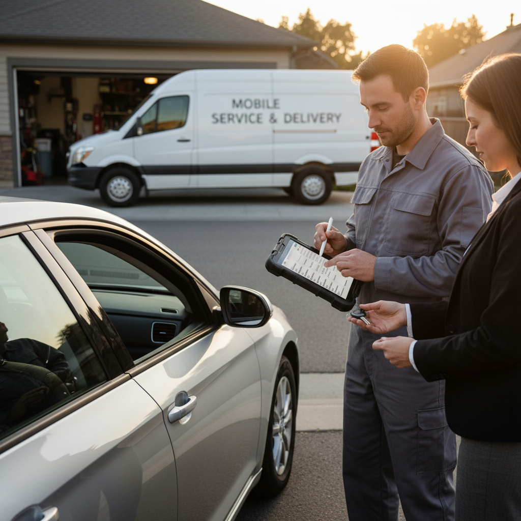 Technician recording a vehicle inspection with a tablet
